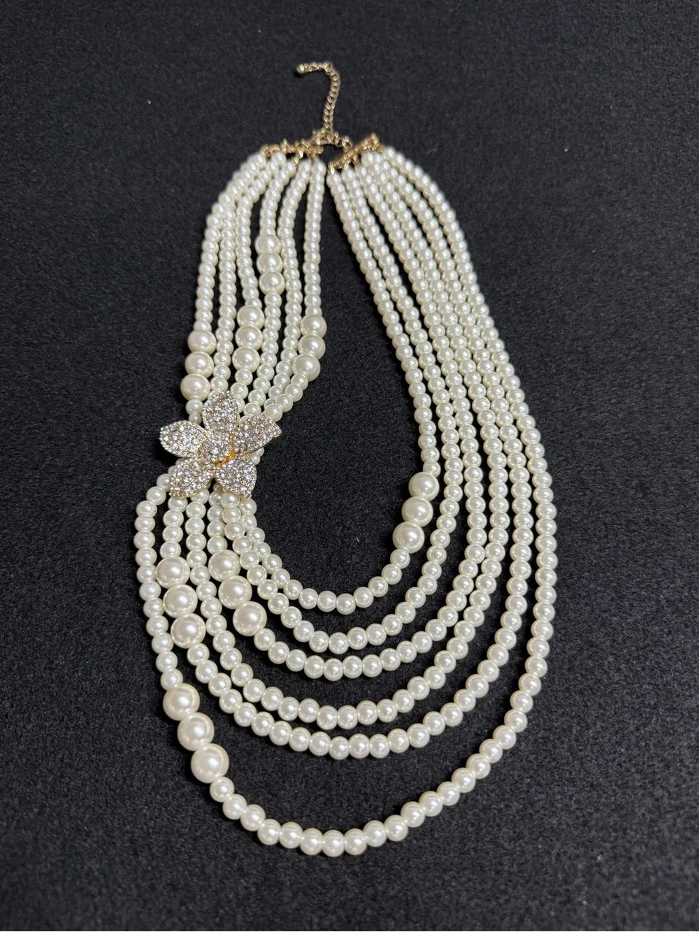 Vintage Italian Faux Pearl Multi Strand Statement Necklace Rhinestone Flower